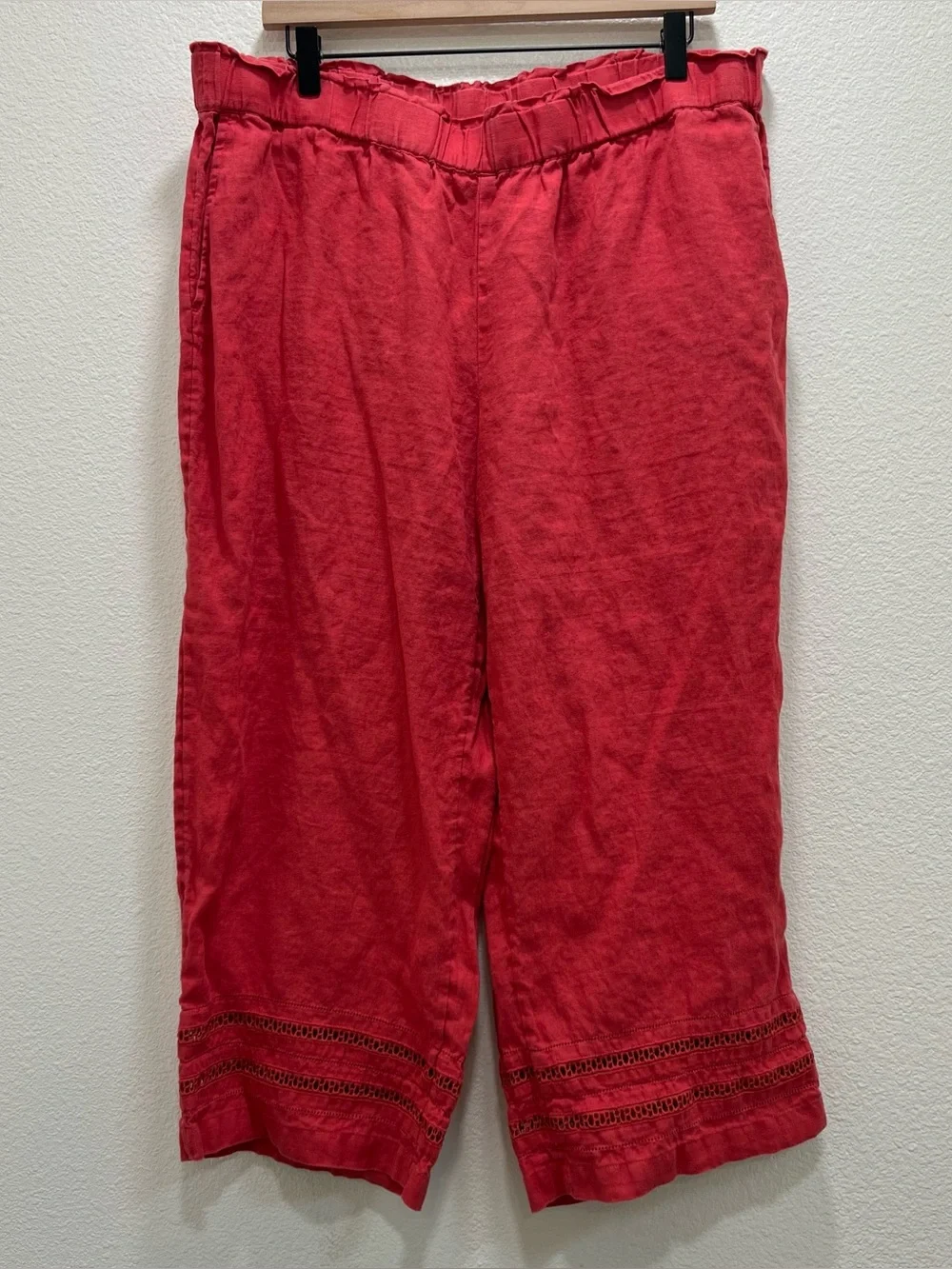 J.Jill 100% Linen Wide Leg Crop Pants Eyelet Elastic Waist XL Lagenlook Beachy